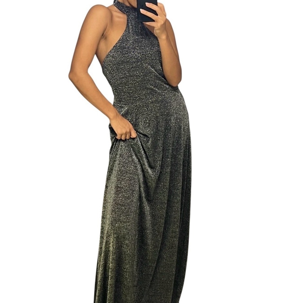 Lioness NWT Halter‎ Neck Maxi Dress Womens XS Silver Black Metallic Backless